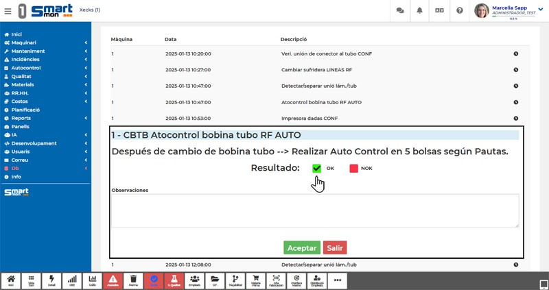Autocontroles de un producto de una fabricación