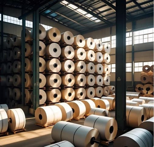 Imagen de una fábrica con bobinas de papel